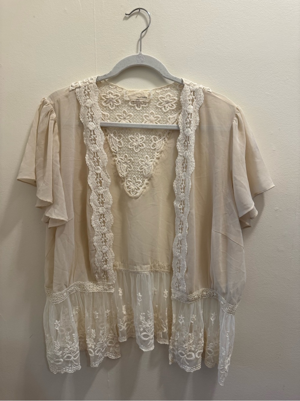A'Reve Cream Lace-Trim Sheer Kimono Top